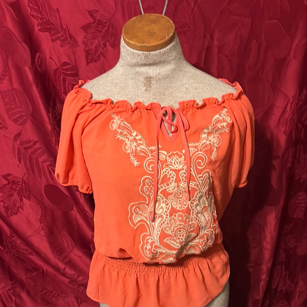Orange Puff Sleeve Blouse with Ruffled Tie Front